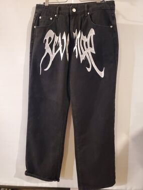Relaxed Black Men's Jeans with Silver Script Embroidery